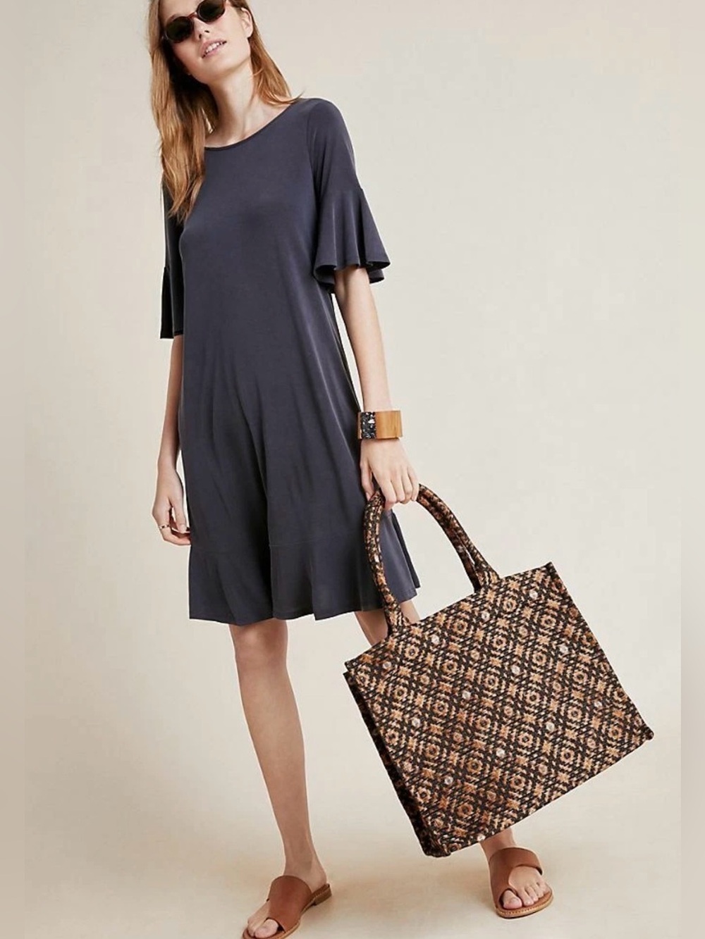 Anthropologie charcoal ruffle sleeve oversized fancy all season dress preppy